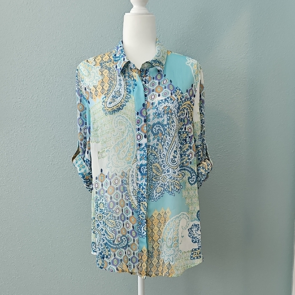 Coldwater Creek Paisley Print Women's Top - Blue and Cream